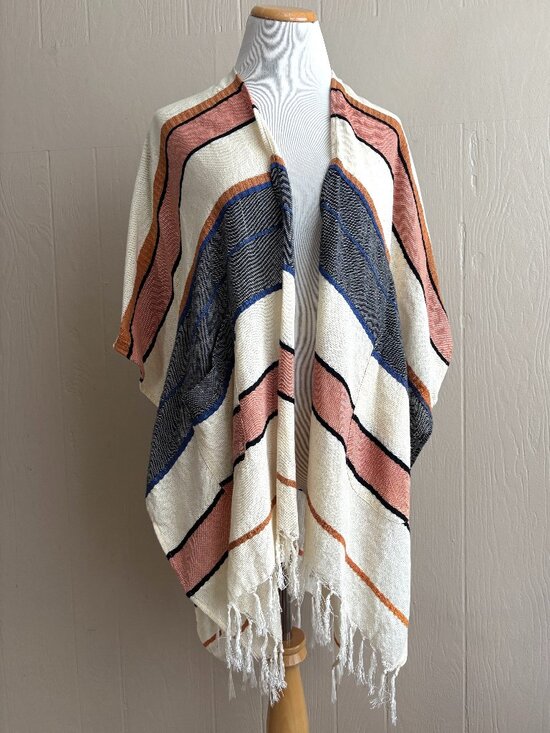 Elan Accessories - Elan Boho Beachy Striped Open Front Fringe Trim Wrap